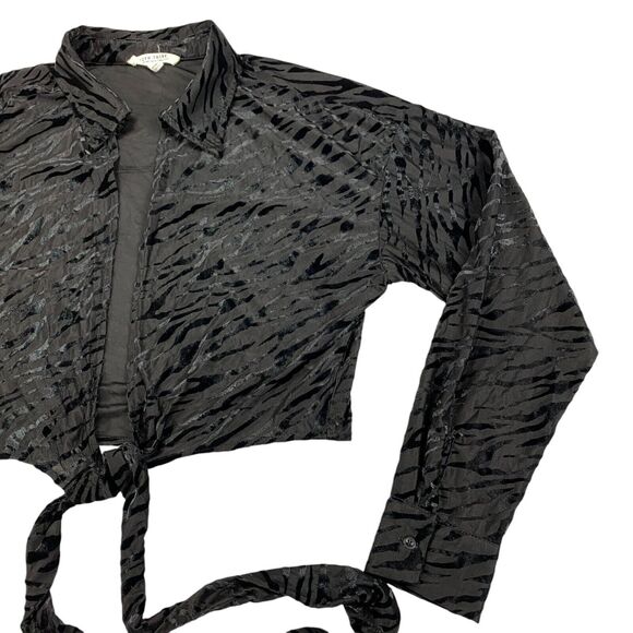 12th Tribe Crop Blouse Womens Medium Black Zebra Print Long Sleeve Tie Front - Picture 3 of 13